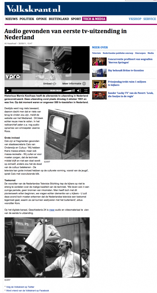 Audio gevonden van eerste tv-uitzending in Nederland - Tech & Media - VK 2012-11-10 15-33-00